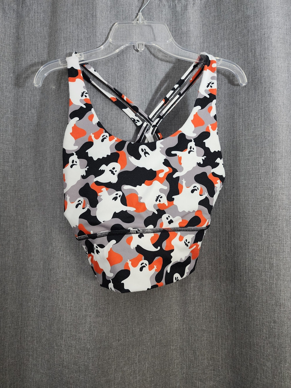 Ghost Print Strappy Sports Bra - Orange, Black, White, Gray